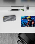 Moonlit blue rooftop anime mouse pad 14x10 inches with bright orange-gold accents and energetic vibe.
