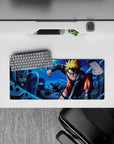 28x12 inches anime mouse pad in moonlit blues with bright orange-gold accents, sleek focused vibe.