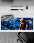 32x12 inches anime mouse pad in moonlit blues with bright orange-gold highlights, fast ninja vibe.
