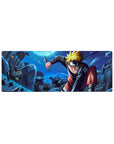 32x12 inches anime mouse pad with Naruto rooftop dive, kunai and shuriken, lucky cat charm edge.
