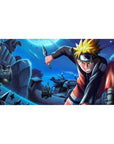 Anime desk pad 40x20 inches with Naruto-style rooftop action, kunai and shuriken, lucky cat charm.