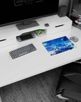 Icy mountain horizon mouse pad, 14x10 inches, jagged snowy peaks beneath tiny stars and far-off planets.