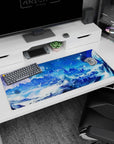 Starry night glacier mountain scene desk pad, 36x16 inches, icy jagged peaks under a blue sky.