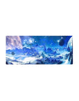 Frosty galaxy landscape mouse pad 28x12 inches with icy peaks, stars, and distant planets under blue sky.