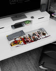 28x12 inches anime girl mouse pad showing armored girls with capes and glossy weapons beside a chunky yellow mech.