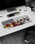 Anime girl mouse pad 32x16 inches showing armored anime girls with capes, glossy weapons, and a chunky mech.