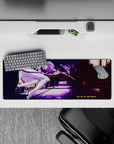 32x12 inches mouse pad with Rei Ayanami, surrounded by neon purple and magenta hues, and "Fly Me to the Moon" for a surreal, futuristic aesthetic.
