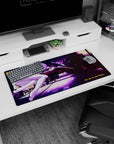 Modern 32x16 inches mouse pad featuring Rei Ayanami, glowing purple and magenta hues, and the phrase "Fly Me to the Moon" for a surreal, dreamy look.