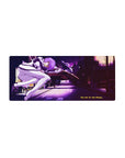 Mouse pad featuring Rei Ayanami, 28x12 inches, with neon glow, purple-magenta hues, and the phrase "Fly Me to the Moon" for a surreal design.