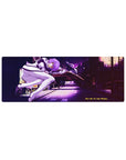 Compact 32x12 inches mouse pad with Rei Ayanami, neon glow and deep purple-magenta hues, featuring the phrase "Fly Me to the Moon" for a dreamy vibe.