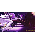 Mouse pad featuring Rei Ayanami, 40x20 inches, with a neon glow, deep purple and magenta hues, and the phrase "Fly Me to the Moon" for a surreal nightscape.