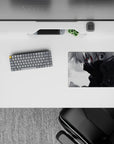 Moody grayscale anime mouse pad 14x10 inches with smoky shadows, cloudy backdrop, and a thin red streak.