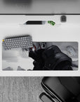 32x12 inches anime mouse pad in smoky grayscale with a thin red streak, moody clean heroic desk vibe.