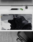 Moody black-and-white anime mouse pad 32x16 inches with red accent streak and dramatic shadows.