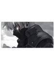 Grayscale Kakashi anime mouse pad 32x16 inches with smoky backdrop, sharp armor folds, cinematic look.