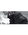 36x16 inches anime desk pad with Kakashi-inspired grayscale portrait, sharp armor folds, cloudy backdrop.