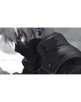 40x20 inches anime desk pad with grayscale ninja portrait, smoky backdrop, and subtle red accent line.