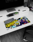 Anime mouse pad 28x12 inches featuring Ryuji with comic book flair, neon yellows, explosive blue dots, and graffiti.