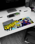 Anime mouse pad 32x12 inches featuring Ryuji from Persona 5, vibrant comic book style with "Freakin’ Boring!" graffiti.