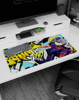 Ryuji anime mouse pad, size 32x16 inches, vibrant comic style with neon yellows, blue dots, and "Freakin’ Boring!" graffiti.