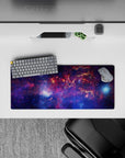 Deep navy and electric blue mouse pad 28x12 inches with magenta haze for cozy cosmic vibes.