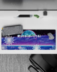 32x12 inches mouse pad with synthwave design, capturing glowing flowers, a futuristic grid, a soft moon, and "愛してる" for a cosmic, peaceful look.