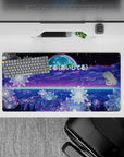 32x16 inches mouse pad with synthwave design, showcasing glowing flower patterns, a futuristic grid, and soft moon with "愛してる" for a cosmic touch.