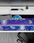 36x16 inches desk pad with synthwave design, capturing glowing flowers, a futuristic grid, a soft moon, and "愛してる" for a retro-futuristic aesthetic.
