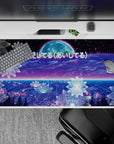 40x20 inches desk pad with synthwave design, featuring glowing flowers, a futuristic grid, a soft moon, and the Japanese phrase "愛してる" for a cosmic touch.