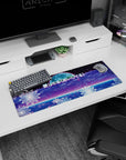 Artistic 32x12 inches mouse pad featuring synthwave design, with glowing flowers, a futuristic grid, soft moon, and "愛してる" for a love-filled aesthetic.