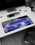 Modern 32x16 inches mouse pad featuring synthwave design, blending glowing flowers, futuristic grid, soft moon, and "愛してる" (I love you) for love and peace.