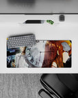 Sci-fi anime mouse pad 28x12 inches in cold blues and smoky grays with warm amber hair glow, tense mood.