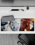 32x12 inches anime desk mat in cold blues and smoky grays with warm amber glow, tense sci-fi mood.