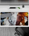 Sci-fi anime mouse pad 32x16 inches in cold blues and smoky grays with warm amber hair glow.