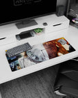 Okabe Rintarou in lab coat with phone beside Kurisu Makise on 32x12 inches anime mouse pad.