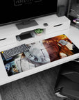 Okabe in lab coat with phone beside Kurisu before a giant clock and gears desk pad 36x16 inches.