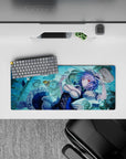 28x12 inches aqua-blue anime mouse pad with calm time-stop vibe, ruby eyes, glossy pocket watch accents.