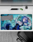 Anime girl mouse pad 32x16 inches in cool aqua blues, navy dress and white frills, calm time-stop mood.