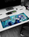 36x16 inches Touhou Sakuya Izayoi desk pad lounging with pocket watch, ticking clocks, and cards.