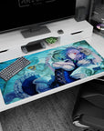 Sakuya Izayoi Touhou Project desk pad 40x20 inches, pocket watch and ticking clocks around her.
