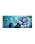 28x12 inches anime girl mouse pad with clock swirl, floating cards, navy dress and white frills design.
