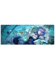 32x12 inches anime girl mouse pad with Sakuya Izayoi, clocks and floating cards, time-stop theme.