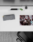 14x10 inches anime mouse pad in smoky reds and steel grays, cyan glow accents, dark sci-fi mood.
