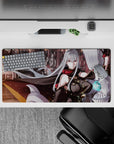 Anime girl mouse pad 32x16 inches in smoky reds and steel grays with cyan glow, bold sci-fi mood.