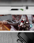 36x16 inches anime girl mouse pad in smoky reds and steel grays with cyan glow, bold cyber mood.