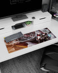 32x12 inches anime girl mouse pad showing cape-flaring red-eyed heroine before armored mechs, white ribbons.