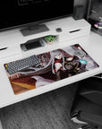 Anime girl mouse pad 32x16 inches showing red-eyed silver-haired heroine before armored mechs and tech wings.