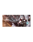 28x12 inches anime girl mouse pad with silver-haired commander, red eyes, cape, and mech army backdrop.