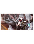 Anime girl mouse pad 32x16 inches with silver-haired commander, red eyes, cape, and mech army backdrop.