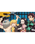 Desk pad featuring Tanjiro, Nezuko, Zenitsu, and Inosuke, 40x20 inches, capturing their dynamic poses and bold colors from Demon Slayer.